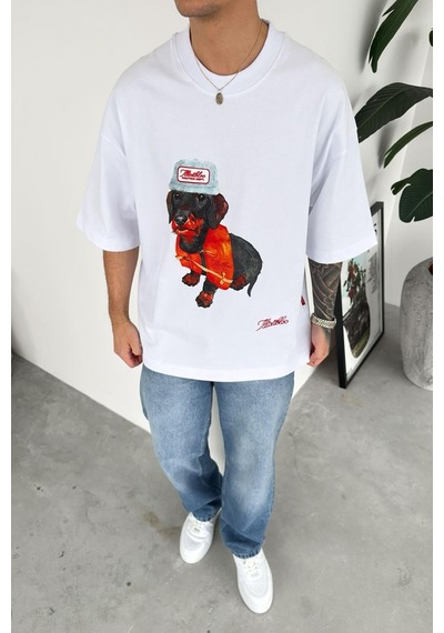 Beyaz Cap Dog Baskılı Premium Oversize Tişört