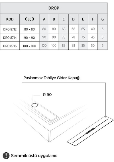 Shower 100x100 Drop Kare Monoblok Duş Teknesi H:12,5 Cm