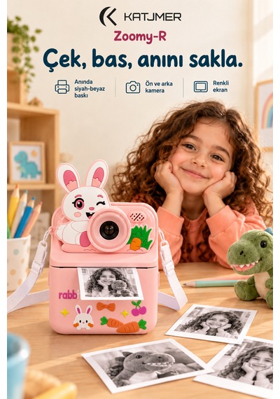 Kj/zm-003 Zoomy-r Tavşan Figürlü Anında Baskılı Çocuk Fotoğraf Makinesi, Çift Kamera, 2,4 İnç Ekran, 1080p Video, 3+ Yaş Pembe