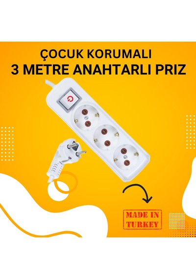 3'lü Ara Kablo Anahtarlı Topraklı Üçlü Priz 3 Metre 1