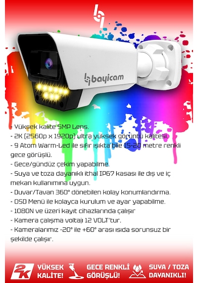 Bayicam 2 Kameralı Süper 2 Dış Kamera Set 2 TB 5 MP 2K Renkli Gece Görüşlü Güvenlik Kamerası Sistemi