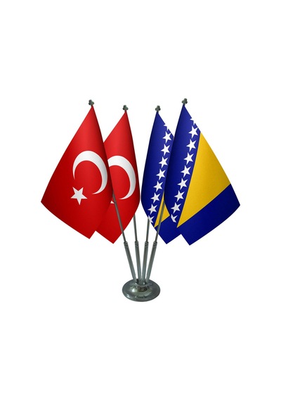 Masa Üstü Bosna Hersek Bayrağı Türk Bayrağı Dörtlü Krom Direk Mas