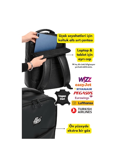 Jet Turtle Seyahat Sırt Çantası 40cm 40x25x15 Cm Pegasus, Wizz Air, Ryanair, El Valizi Koltuk Altı Valizi Vegan Deri