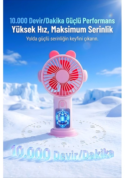 Şarjlı Taşınabilir Sevimli Kulak Tasarımlı Mini Fan 3 Kademeli Hız Telefon Standlı Vantilatör Pembe