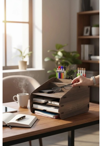 Evrak Rafı Masaüstü Medium Organizer Ceviz Desenli 3mm Mdf Kemençe