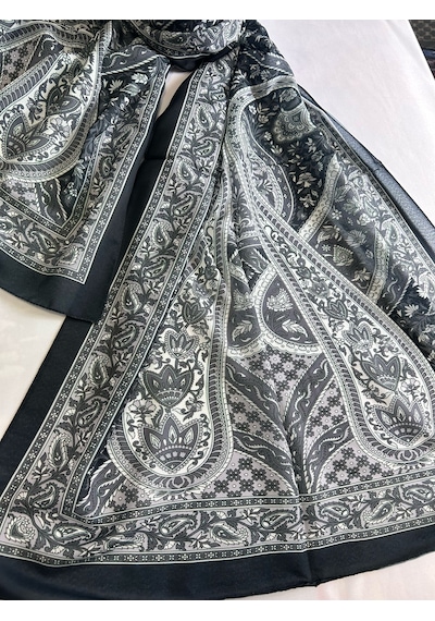 Kadın Pamuklu Siyah Gri Retro Etnik Şal