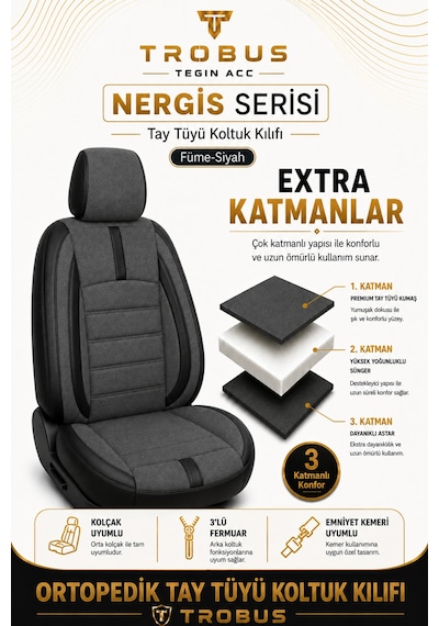 Renault Clio 5 2020 Ve Sonrası Uyumlu Nergis Serisi Füme Siyah Oto Koltuk Kılıfı