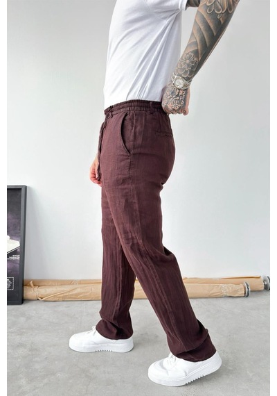 Kahverengi Basic Baggy Keten Pantolon