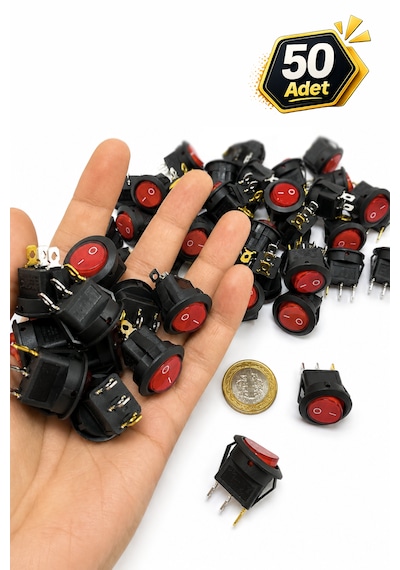 Yuvarlak Anahtar Işıklı Kırmızı 3 Pin 23 Mm 50 Adet Aç Kapa On-off Switch Buton 6a/250vac 10a/125/250vac