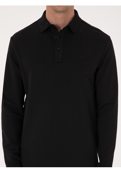 Siyah Regular Fit %100 Pamuk 3 İplik Polo Yaka Sweatshirt