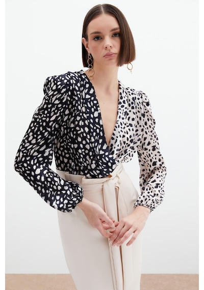 Sateen Kruvaze Desenli Bodysuit - Bej-Siyah