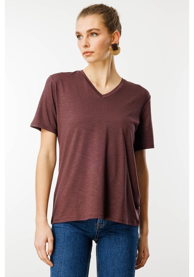 Kadın V Yaka Flamlı Kumaş Basic Tshirt Kahve Kahve