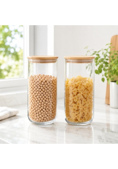 Tr 2'li Bambu Kapaklı Cam Saklama Kavanozu Seti 1400 Ml, Sızdırmaz Silikon Contalı Şeffaf Erzak Kabı, Makarna Bakl Genel