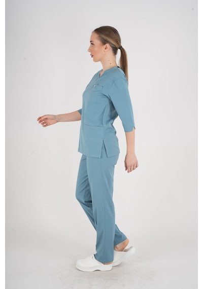 Unisex Cool Petrol Mavi Violet Model Scrubs Takım Doktor Hemşire Üniforması Petrol Mavi Soft