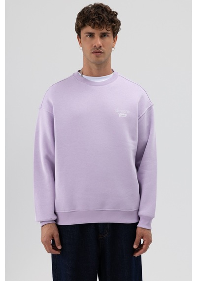 Vamos Oversize Bisiklet Yaka Baskılı Sweatshirt Lila
