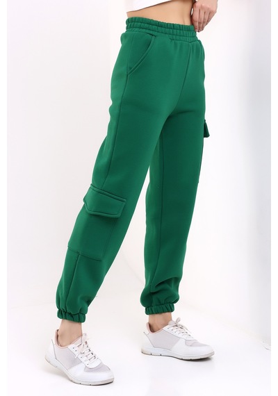 Winmoda34 Kadın Jogger Kalın 3 İplik Yandan Cepli Kargo Eşofman Altı Yeşil