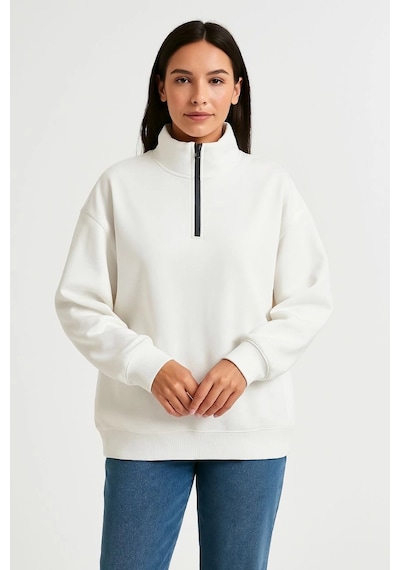 Primemagazam Kadın 3 İplik Pamuklu Dık Yaka Yarım Fermuarlı Sweatshirt - Beyaz Çeşitli