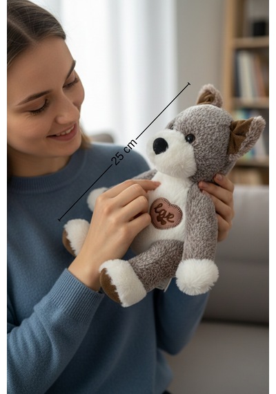 Sevimli Köpek Peluş Oyuncak Love Kalpli Köpekçik Uyku Arkadaşı Hediyelik 25 Cm Gri