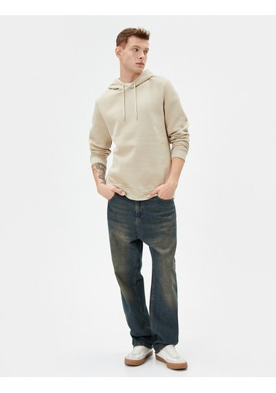 Koton Basic Kapşonlu Sweatshirt Uzun Kollu Ribanalı Şardonlu Bej 4sam70001mk Ekru