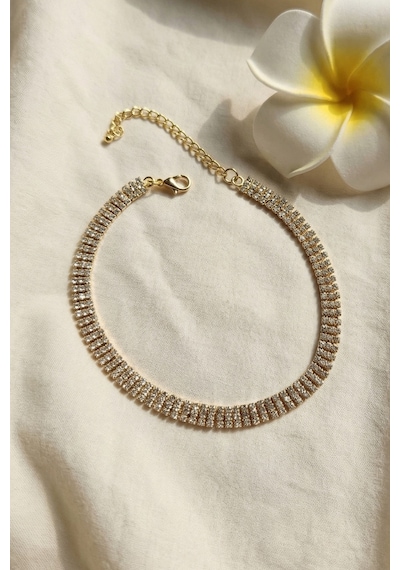 Valmont Accessories Kristal Taşlı 26+10 Cm Choker Işıltılı Şık Kadın 3 Sıra Su Yolu Altın Sarısı Tasma Kolye Gümüş