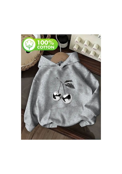 Herkesemoda Kiraz Baskı Detaylı İçi Polarlı Kapüşonlu Sweatshirt Gri