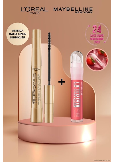 Telescopic Gold Siyah Maskara & Lifter Gel Parlak Nemlendirici Dudak Parlatıcısı 06 Strawberry Shake