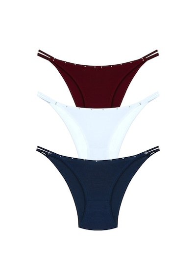 New Lilla 1025 Çift İp-Taş Detaylı Bikini Külot Paketi 1025-V2 - Bordo Beyaz Lacivert - Standart Çok Renkli