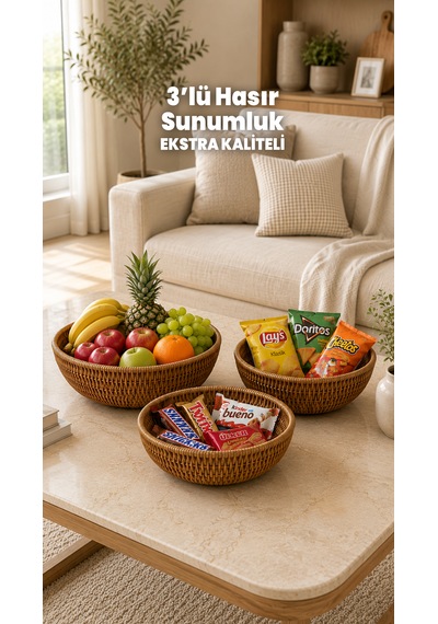 3'lü Hasır Sunumluk Sepet Badya Leğen Tabak Kase - Masaüstü Organizer Rattan Sunum Meyvelik - Ekstra Kaliteli Çelik Rattan