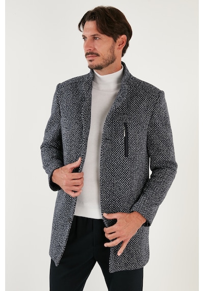 Buratti Düğmeli Dik Yaka Kırçıllı Slim Fit Kaşe Erkek Kaban 5841016 Lacivert Noktalı