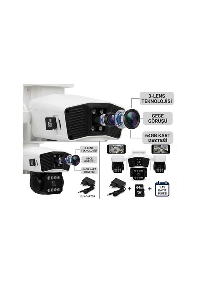X5tech Rx-95w Wifi 3 Lensli 12 Volt 2a Kablosuz Güvenlik Kamerası+combo 64gb Hafıza Kartı+adaptör Se