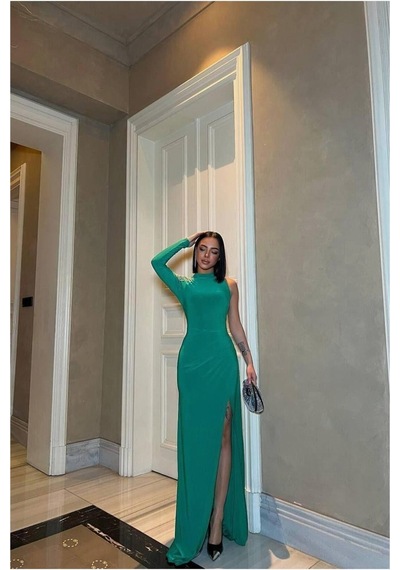 Lior Design Kadın Trend Model Bisiklet Yaka Tek Kollu Abiye Elbise Zümrüt