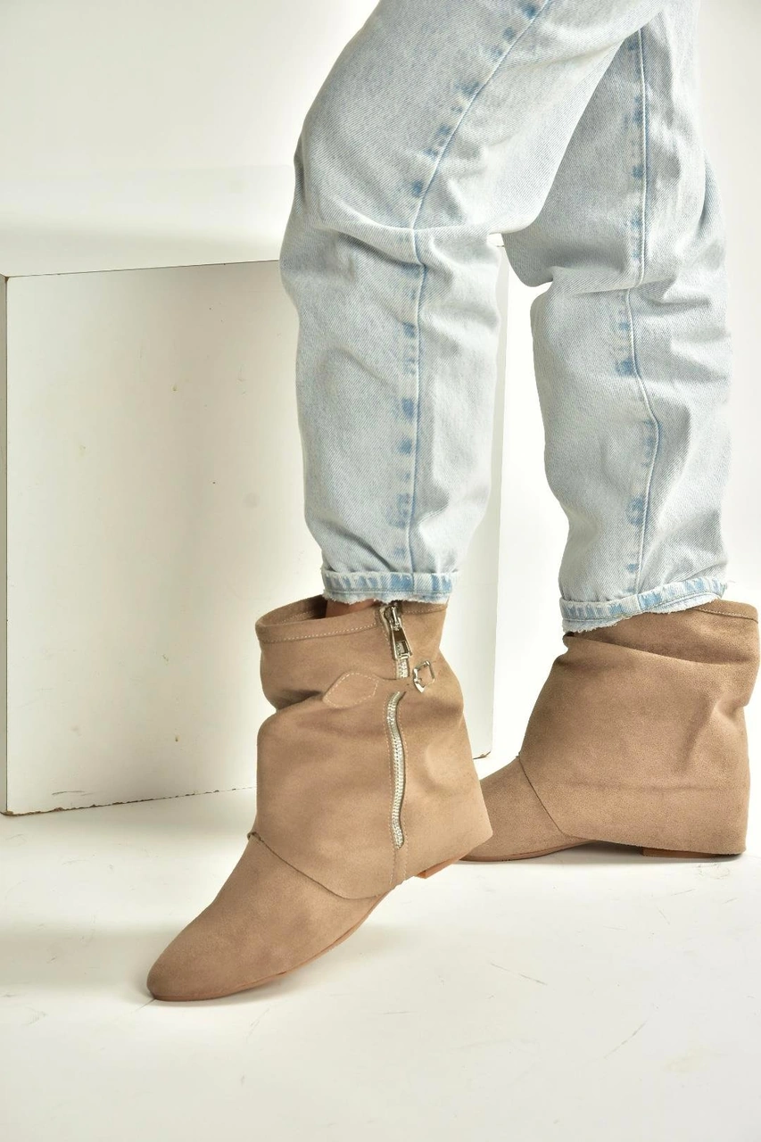 Fox Shoes V380518102 Vizon Süet Düz Taban Fermuar Detaylı Kadın Bot Vizon-Süet