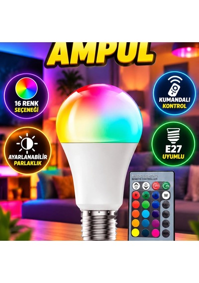 Ayarlanabilir Parlaklık Rgb Led Ampul E27 10w Kumandalı Renk Değiştiren Beyaz Ve Renkli Lamba