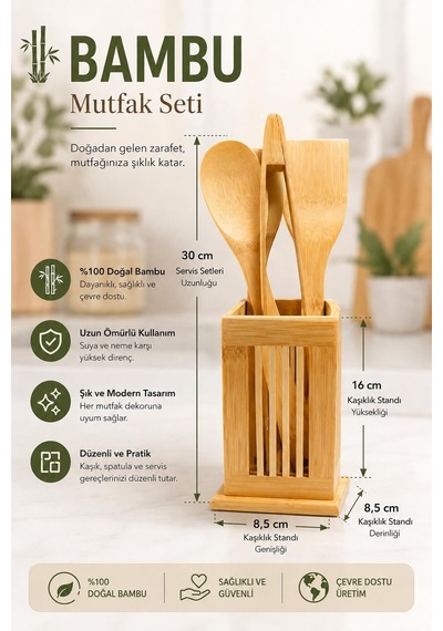 Doğal Bambu Mutfak Seti 5 Parça Standlı Kaşıklık Servis Gereçleri