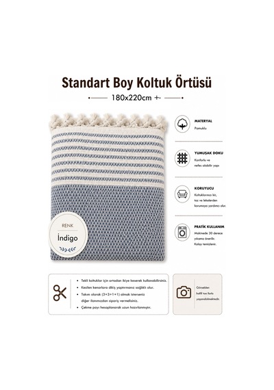 Pamuklu Kaymaz Hasır Dokuma Koltuk Örtüsü 180x220 - İndigo Indigo