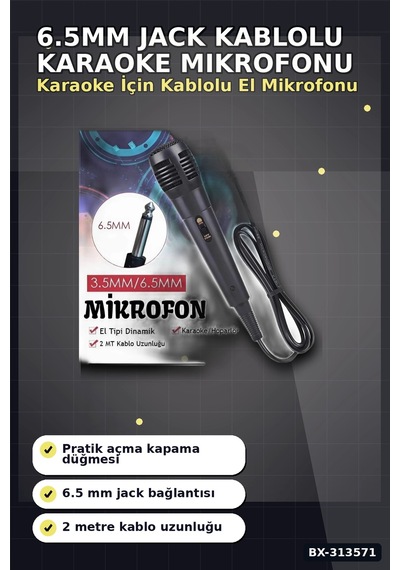 Bay 6.5 Mm Jack Kablolu Karaoke Mikrofonu Tekli Paket Standart Model Ses Sistemi Icin Bx-313571 Najmaddin