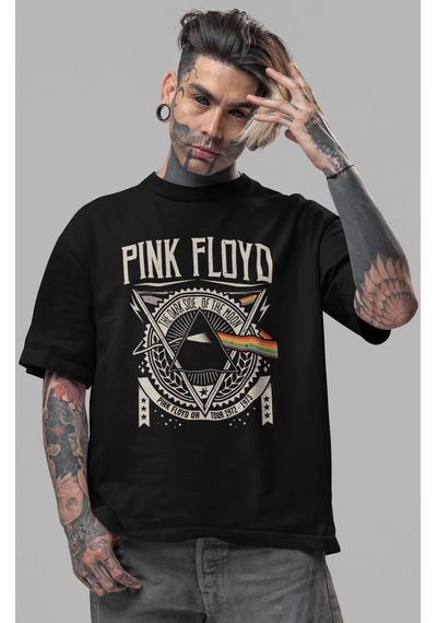 Sevbano Pink Floyd Müzik Grubu Ön Baskılı Unisex Oversize Tişört Siyah