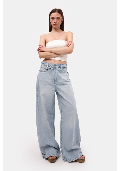 Itsbasic Kadın Kot Rengi 4s6-3 Mega Baggy Fit Kemer Detaylı Bol Kesim Denim Jean Mavi