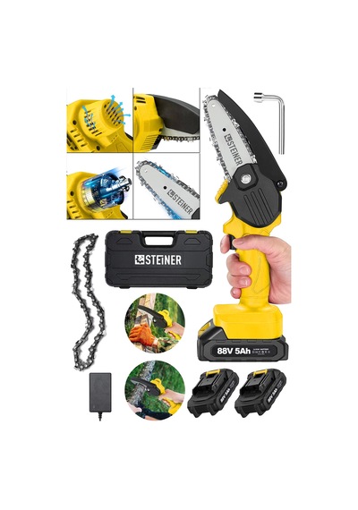 Steiner 88V 5Ah Çift Akülü Çantalı Dal Kesme Budama Testeresi Bıçkı Makinesi Sarı + Zincir