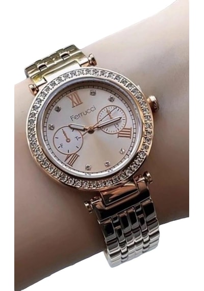 Ferrucci Fcf82640 Çelik Jübile Kordon Tasarım Kadın Kol Saati+çelik Kolye Hediye Rose Gold
