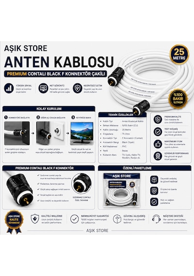 25 Metre Premium Anten Kablosu %100 Bakır İç İletken Contalı Black F Konnektör Çakılı Koaksiyel Tv Uydu Kablosu