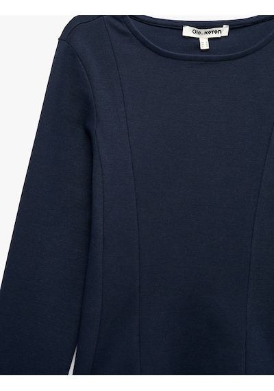 Koton Pamuklu Slim Fit Korse Detaylı Kayık Yaka Uzun Kollu Tişört Lacivert 7wal10455ık