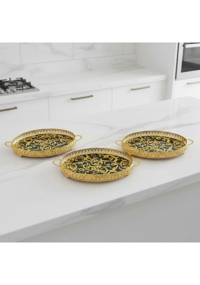 3 Adet Gold Renk Vav Desen Metal Çerçeveli Cam Nişan-servis Tepsi Seti 28 19 Cm Rosegold