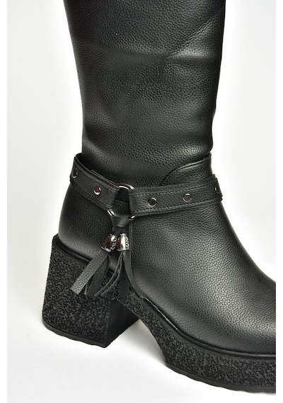 Fox Shoes T996224009 Siyah Kalın Topuklu Kadın Çizme Siyah-Suni Deri