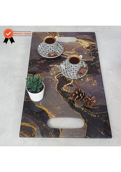 Decorita Cam Tepsi Kahverengi Simli Mermer 29Cm X 52Cm