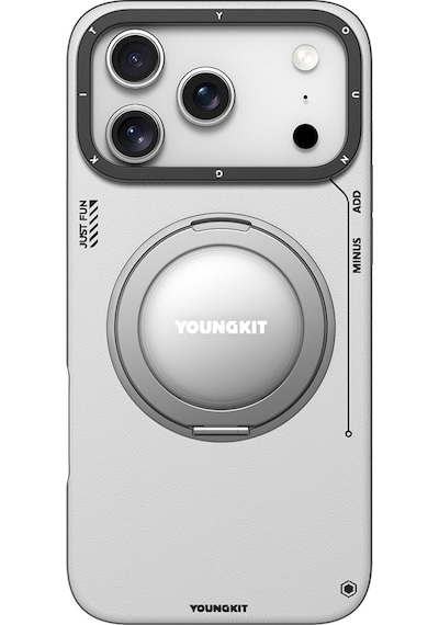 Apple Uyumlu iPhone 17 Pro Kılıf M-safe 360 Standlı Basit Mat Deri Desenli Youngkit Tech Leather Serisi Kapak Gri Gri