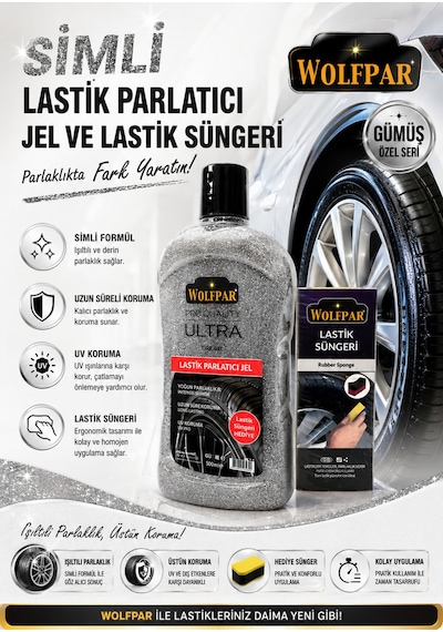 Simli Lastik Parlatıcı Jel Ve Lastik Süngeri Gümüş Seri