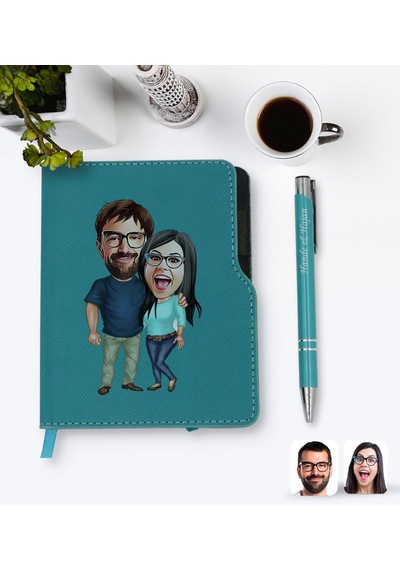 Kişiye Özel Sevgililer Karikatürlü Turkuaz Termo Deri Defter Kale N11.3576