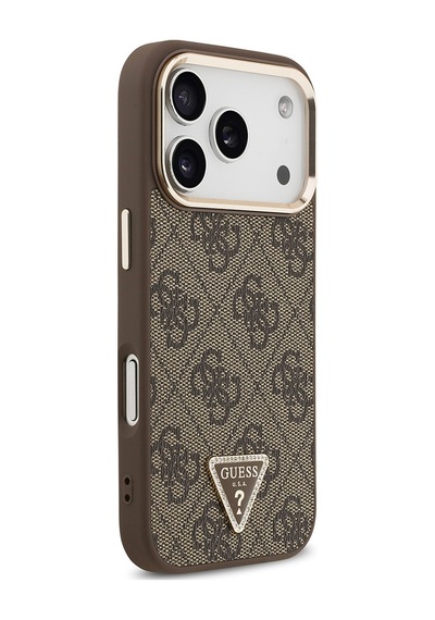 Apple Uyumlu iPhone 17 Pro Kılıf Guess Lisanslı M-safeli Gold Kamera Çerçeveli Taşlı Üçgen Logo 4g Desenli Kahve Kahverengi