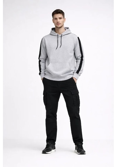 Defymoda Erkek Şeritli Kapüşonlu Sweatshirt Oversize 3 Iplik Pamuklu - Beyaz Beyaz